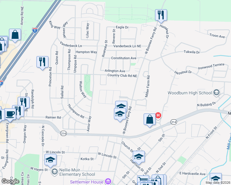 map of restaurants, bars, coffee shops, grocery stores, and more near 1251 Bernard Street in Woodburn