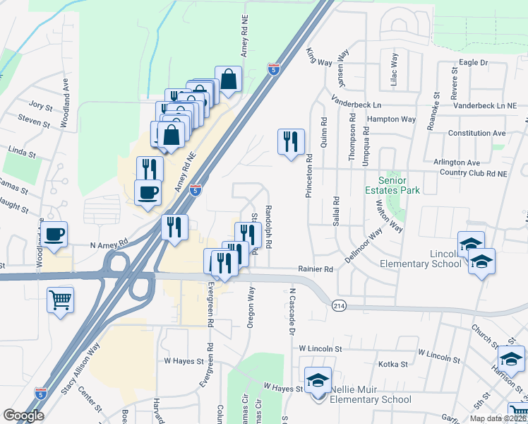 map of restaurants, bars, coffee shops, grocery stores, and more near 1910 Country Club Road in Woodburn