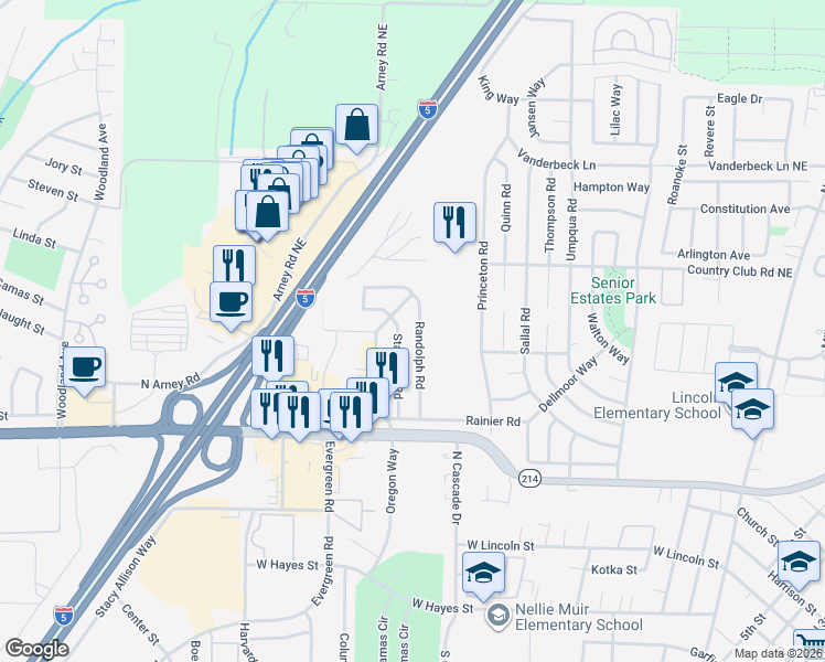 map of restaurants, bars, coffee shops, grocery stores, and more near 1910 Country Club Road in Woodburn