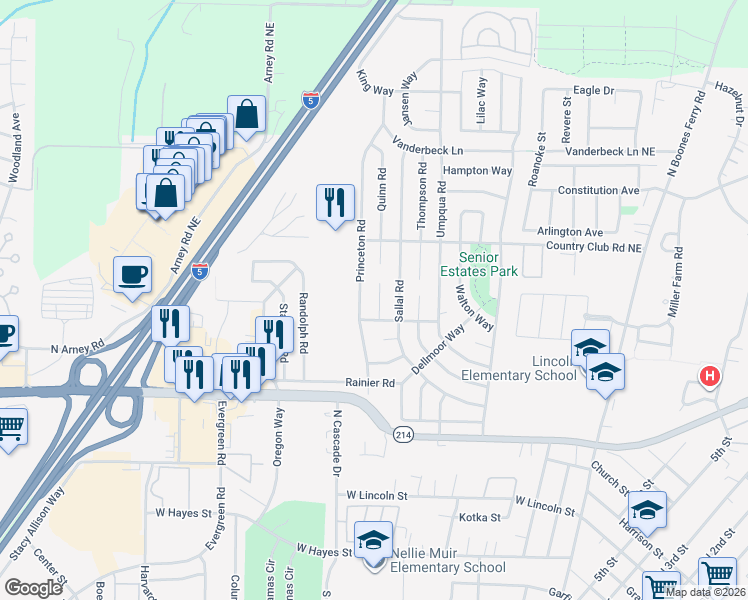 map of restaurants, bars, coffee shops, grocery stores, and more near 1290 Princeton Road in Woodburn