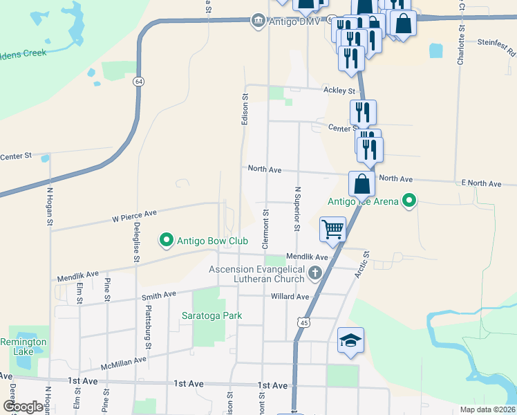 map of restaurants, bars, coffee shops, grocery stores, and more near 1550 Clermont Street in Antigo