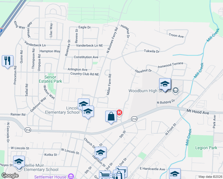 map of restaurants, bars, coffee shops, grocery stores, and more near 2380 Miller Farm Road in Woodburn