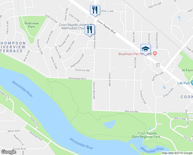map of restaurants, bars, coffee shops, grocery stores, and more near 10127 Hanson Boulevard Northwest in Coon Rapids