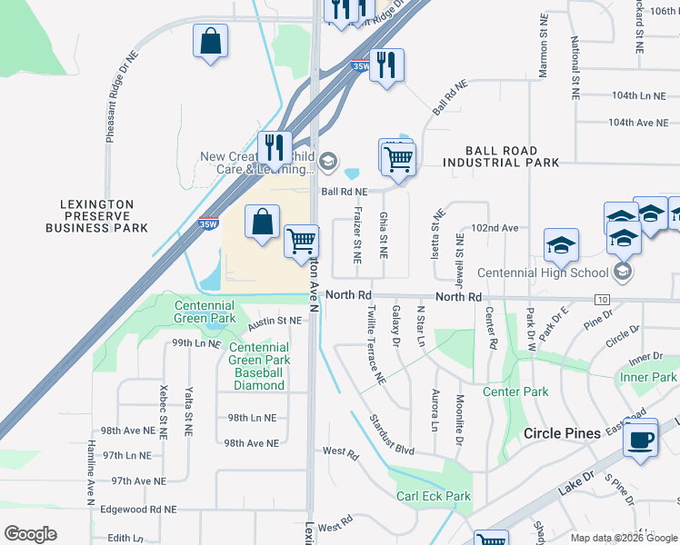 map of restaurants, bars, coffee shops, grocery stores, and more near 10189 Erskin Street Northeast in Circle Pines