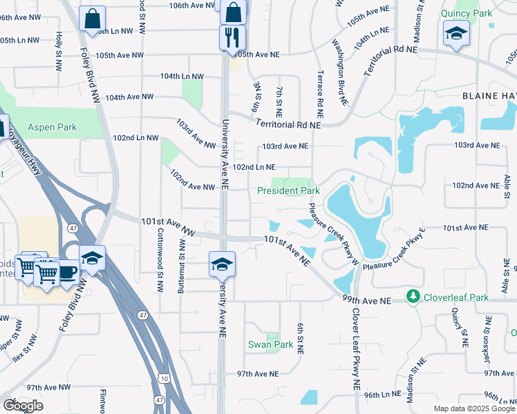 map of restaurants, bars, coffee shops, grocery stores, and more near 10143 3rd Street Northeast in Minneapolis