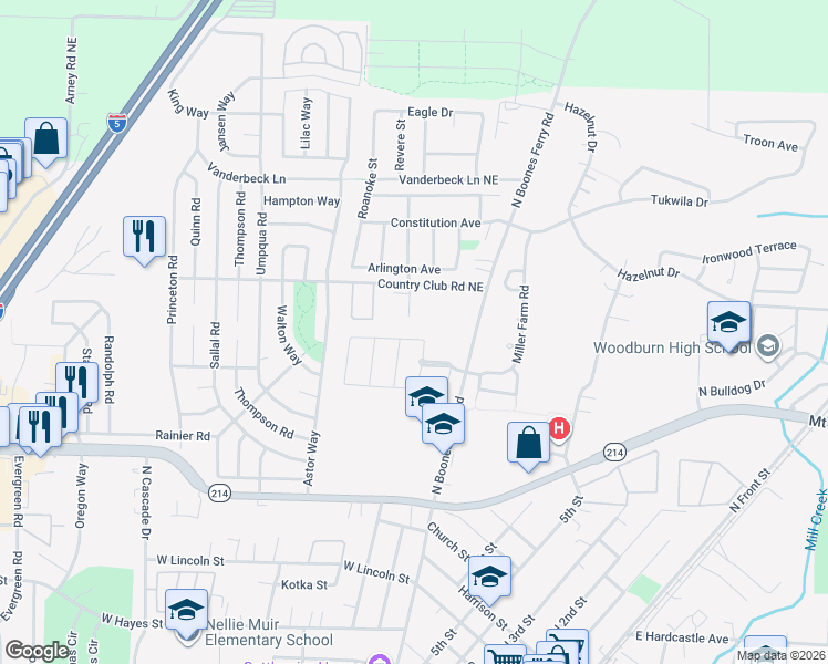 map of restaurants, bars, coffee shops, grocery stores, and more near 1251 Bernard Street in Woodburn