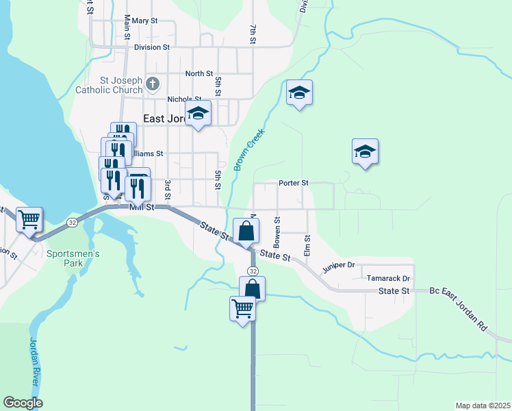 map of restaurants, bars, coffee shops, grocery stores, and more near 205 Maple Street in East Jordan