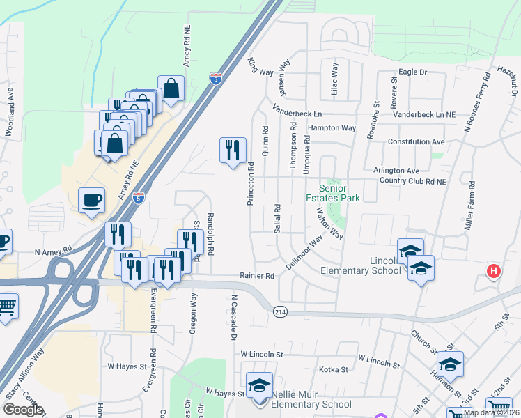map of restaurants, bars, coffee shops, grocery stores, and more near 1273 Quinn Road in Woodburn