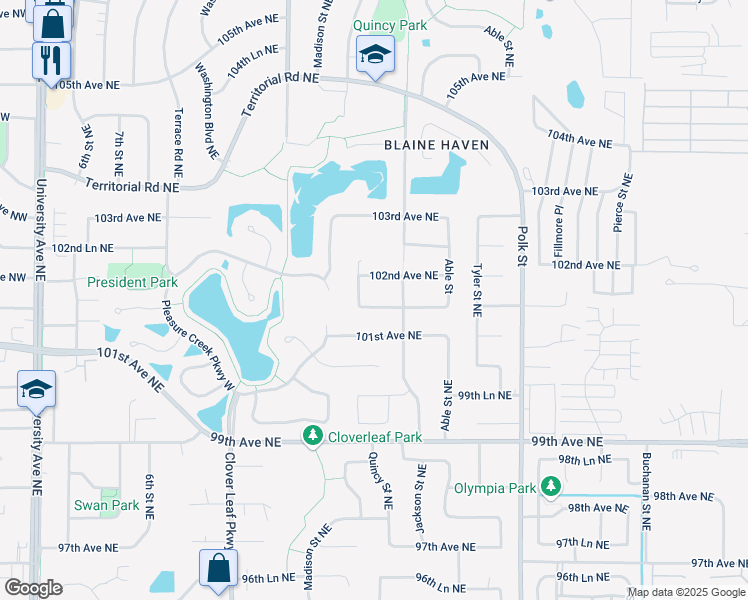 map of restaurants, bars, coffee shops, grocery stores, and more near 749 101st Lane Northeast in Blaine