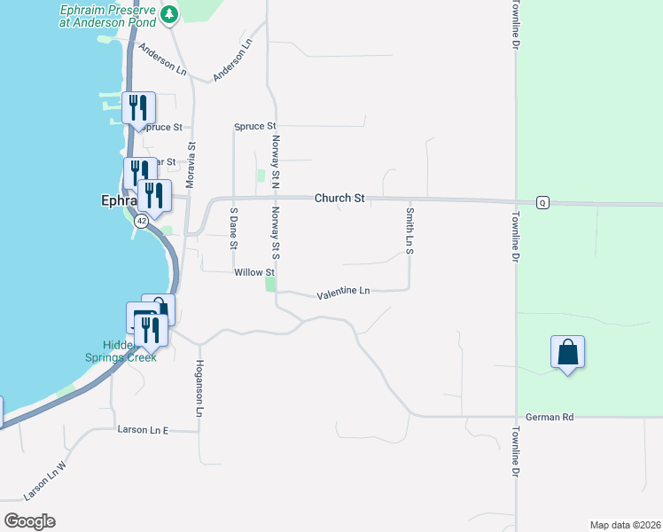 map of restaurants, bars, coffee shops, grocery stores, and more near 2923 Wilsonwood Lane in Sister Bay