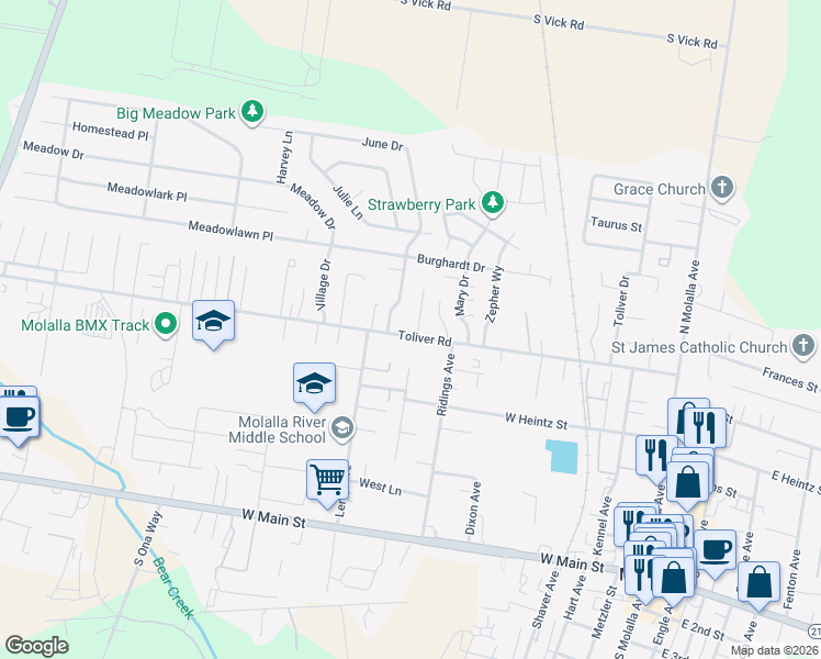 map of restaurants, bars, coffee shops, grocery stores, and more near 603 Corral Court in Molalla