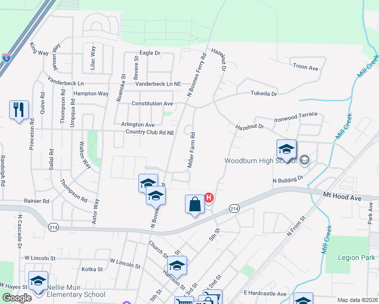 map of restaurants, bars, coffee shops, grocery stores, and more near 2380 Miller Farm Road in Woodburn