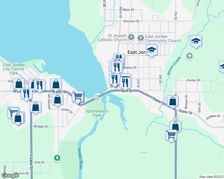 map of restaurants, bars, coffee shops, grocery stores, and more near 102 Mill Street in East Jordan