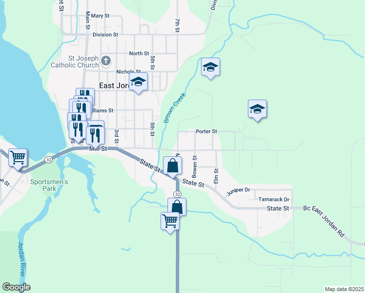 map of restaurants, bars, coffee shops, grocery stores, and more near 201-205 Maple Street in East Jordan