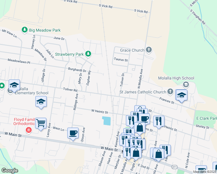 map of restaurants, bars, coffee shops, grocery stores, and more near 415 Toliver Road in Molalla