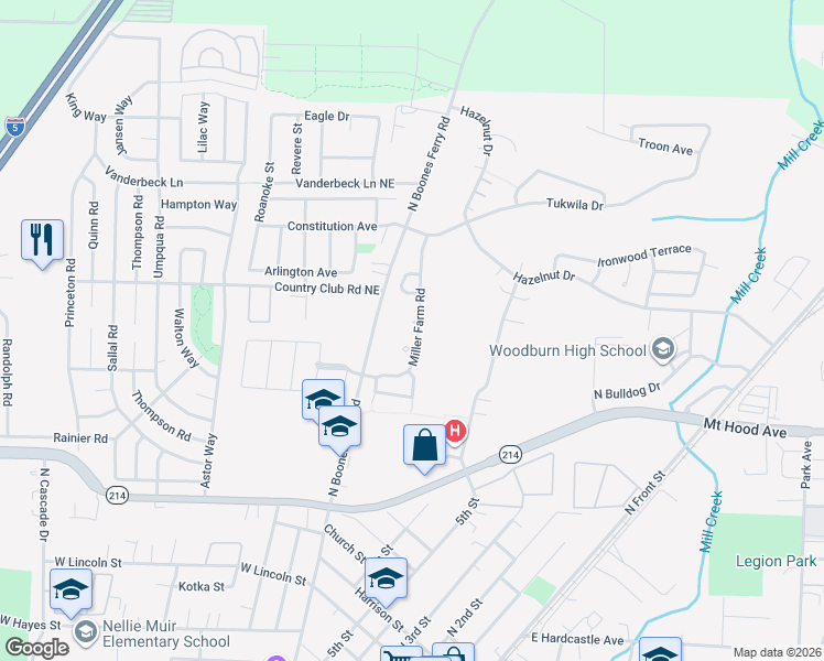 map of restaurants, bars, coffee shops, grocery stores, and more near 2380 Miller Farm Road in Woodburn