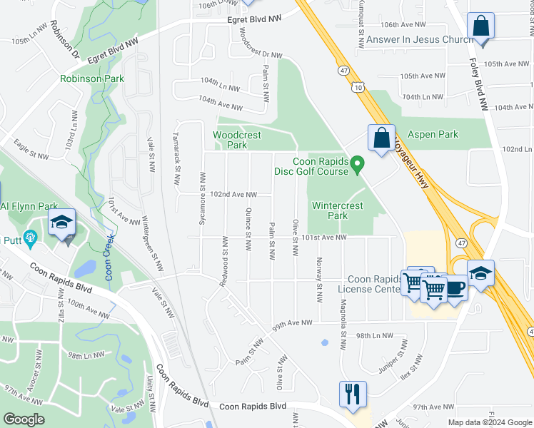 map of restaurants, bars, coffee shops, grocery stores, and more near 10130 Palm Street Northwest in Coon Rapids