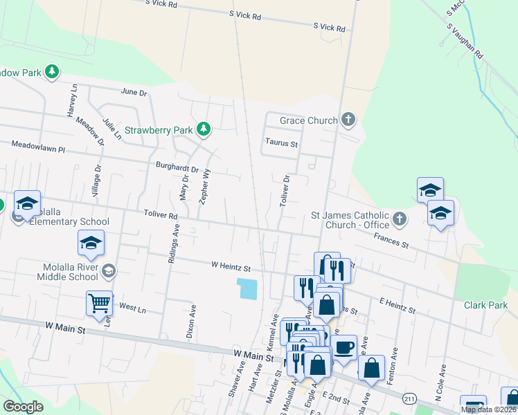 map of restaurants, bars, coffee shops, grocery stores, and more near 660 Creamery Creek Lane in Molalla