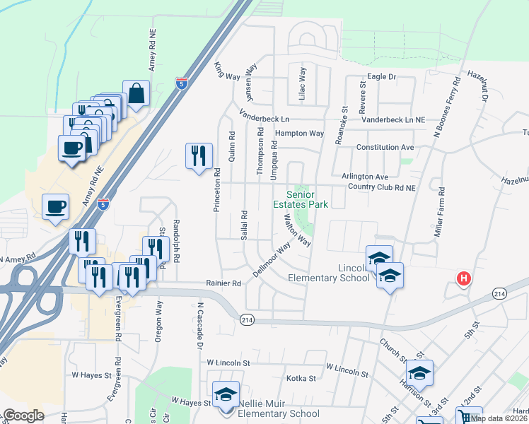 map of restaurants, bars, coffee shops, grocery stores, and more near 1501 Umpqua Road in Woodburn
