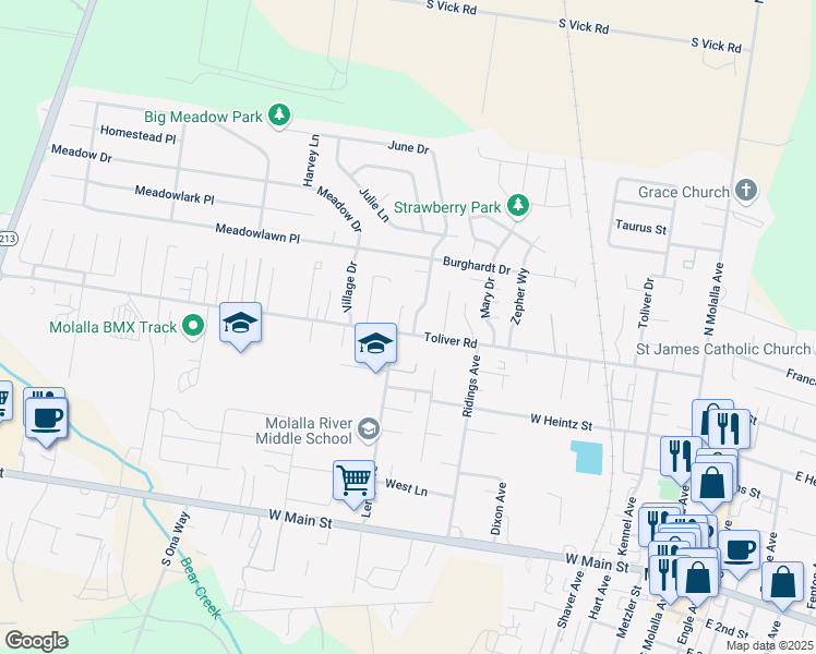 map of restaurants, bars, coffee shops, grocery stores, and more near 765 Toliver Road in Molalla