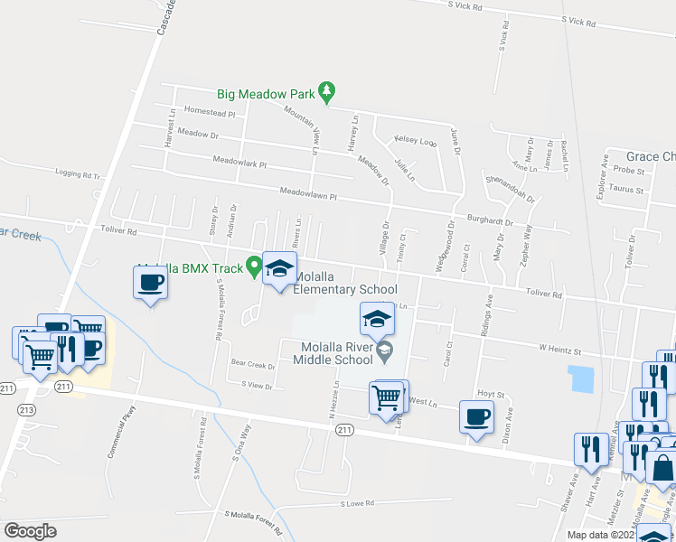 map of restaurants, bars, coffee shops, grocery stores, and more near 824 Toliver Road in Molalla