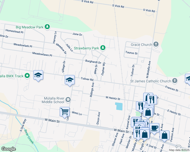 map of restaurants, bars, coffee shops, grocery stores, and more near 660 Mary Dr in Molalla