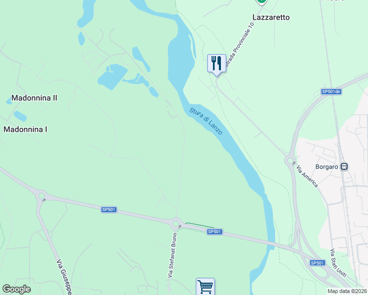 map of restaurants, bars, coffee shops, grocery stores, and more near Via Stefanat in Città Metropolitana di Torino