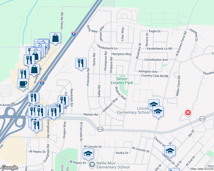 map of restaurants, bars, coffee shops, grocery stores, and more near 1501 Umpqua Road in Woodburn