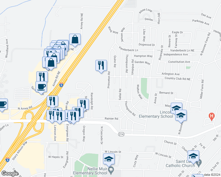 map of restaurants, bars, coffee shops, grocery stores, and more near 1290 Princeton Road in Woodburn