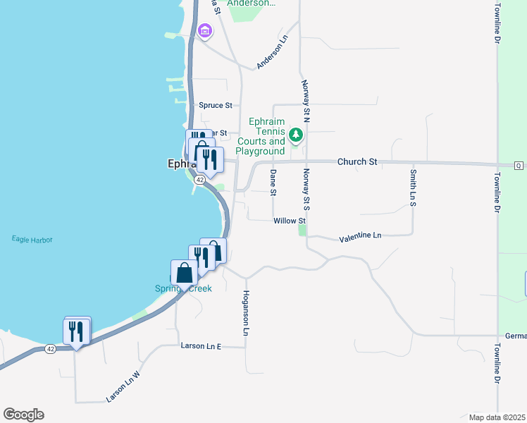 map of restaurants, bars, coffee shops, grocery stores, and more near 9963 Dane Street in Sister Bay