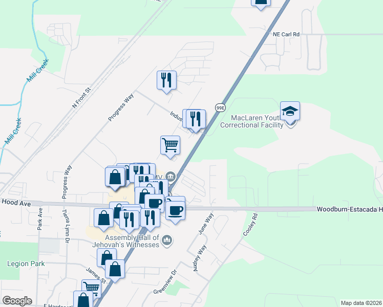 map of restaurants, bars, coffee shops, grocery stores, and more near 2333 N Pacific Hwy in Woodburn