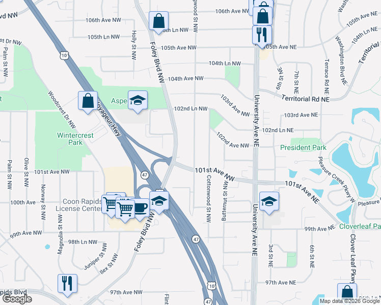 map of restaurants, bars, coffee shops, grocery stores, and more near 10135 Dogwood Street Northwest in Minneapolis