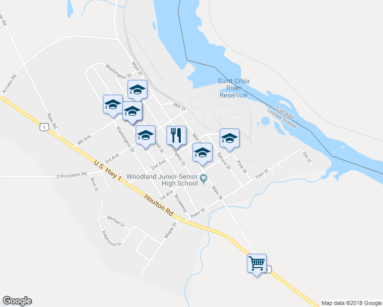 map of restaurants, bars, coffee shops, grocery stores, and more near 108 Main Street in Baileyville