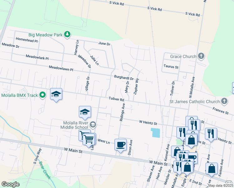 map of restaurants, bars, coffee shops, grocery stores, and more near 603 Corral Court in Molalla