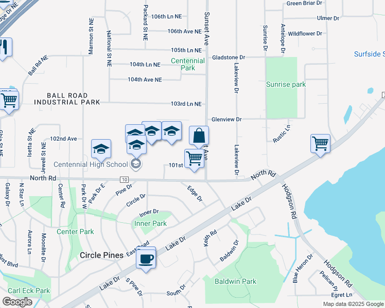 map of restaurants, bars, coffee shops, grocery stores, and more near 10172 Stutz Court Northeast in Circle Pines