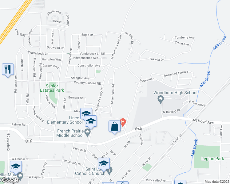 map of restaurants, bars, coffee shops, grocery stores, and more near 2380 Miller Farm Road in Woodburn