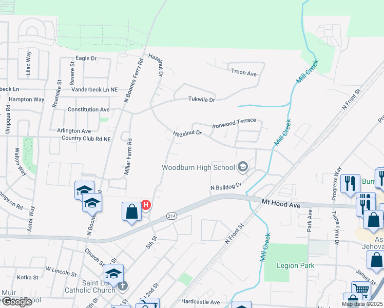 map of restaurants, bars, coffee shops, grocery stores, and more near 1785 North Front Street in Woodburn