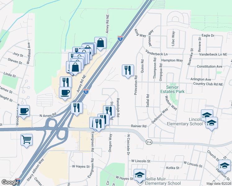 map of restaurants, bars, coffee shops, grocery stores, and more near 1910 Country Club Road in Woodburn
