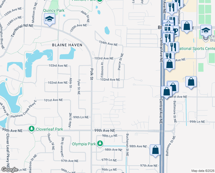 map of restaurants, bars, coffee shops, grocery stores, and more near 10161 Taylor Court Northeast in Minneapolis