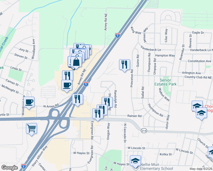 map of restaurants, bars, coffee shops, grocery stores, and more near 2281 Country Club Terrace in Woodburn
