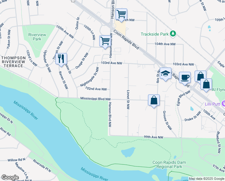 map of restaurants, bars, coffee shops, grocery stores, and more near 10127 Hanson Boulevard Northwest in Coon Rapids
