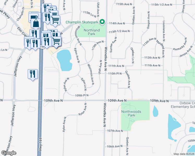 map of restaurants, bars, coffee shops, grocery stores, and more near 11015 Utah Avenue North in Champlin