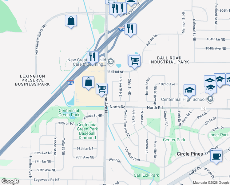 map of restaurants, bars, coffee shops, grocery stores, and more near 10189 Erskin Street Northeast in Circle Pines