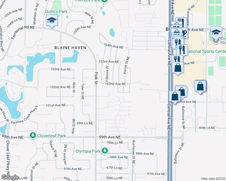 map of restaurants, bars, coffee shops, grocery stores, and more near 10161 Taylor Court Northeast in Minneapolis