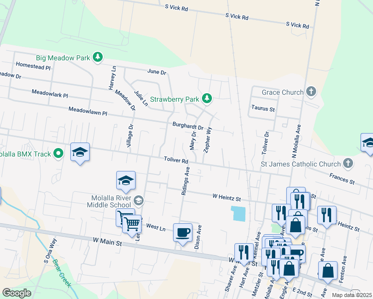 map of restaurants, bars, coffee shops, grocery stores, and more near 660 Mary Drive in Molalla