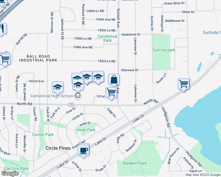 map of restaurants, bars, coffee shops, grocery stores, and more near 10172 Stutz Court Northeast in Circle Pines