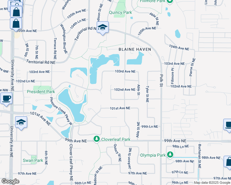 map of restaurants, bars, coffee shops, grocery stores, and more near 749 101st Lane Northeast in Blaine
