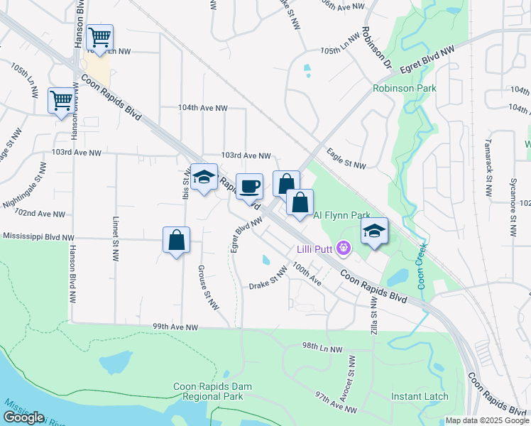 map of restaurants, bars, coffee shops, grocery stores, and more near Coon Rapids Blvd NW & Egret Blvd NW in Coon Rapids