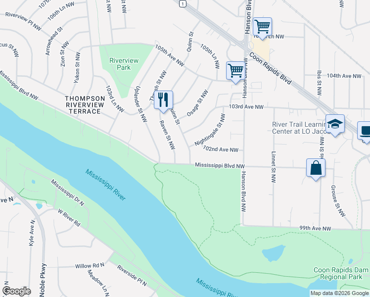 map of restaurants, bars, coffee shops, grocery stores, and more near 10111 Quinn Street Northwest in Coon Rapids