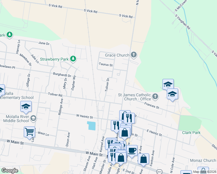 map of restaurants, bars, coffee shops, grocery stores, and more near 11 Berwick Court in Molalla